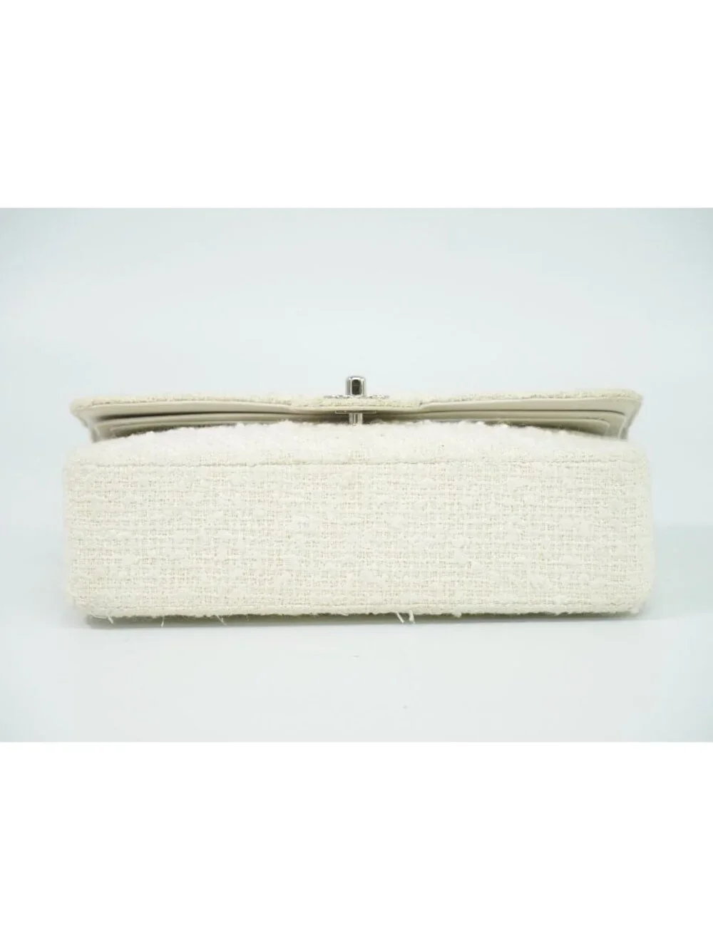 Chanel CC Logo Quilted 25 Double Flap Chain Shoulder Bag Tweed White